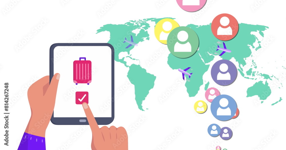 Aufkleber image of world map and media icons over hands using tablet