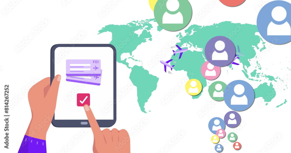 Aufkleber image of world map and media icons over hands using tablet