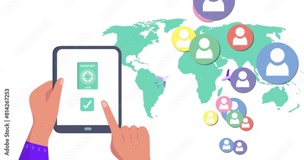 Poster image of world map and media icons over hands using tablet