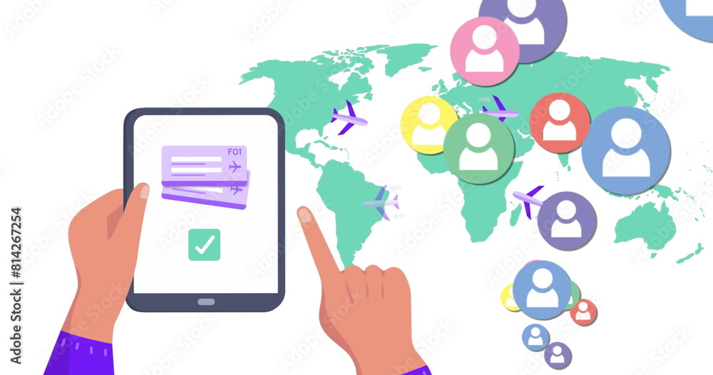 Aufkleber image of world map and media icons over hands using tablet