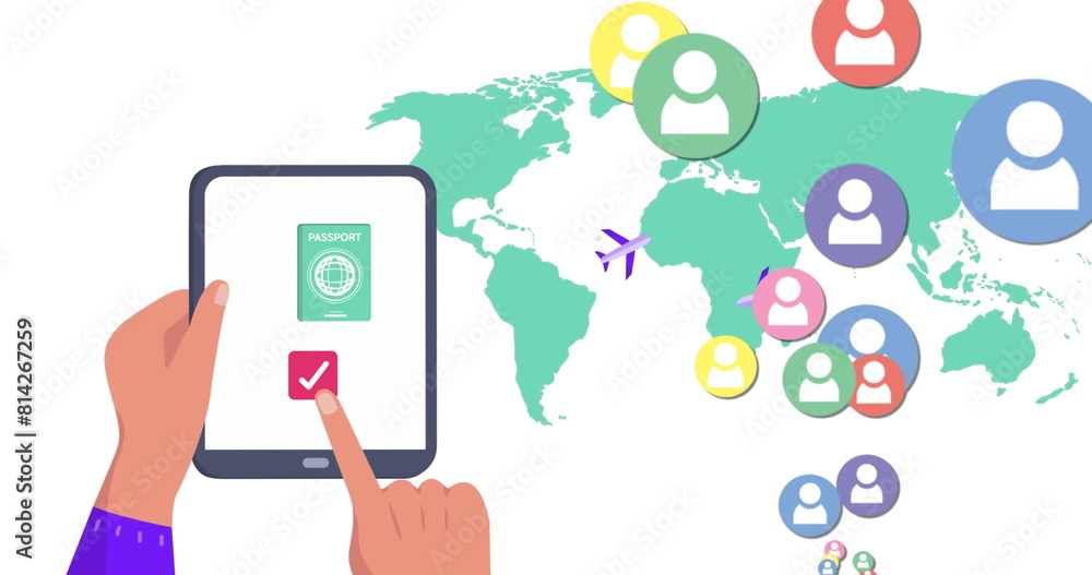 Poster image of world map and media icons over hands using tablet