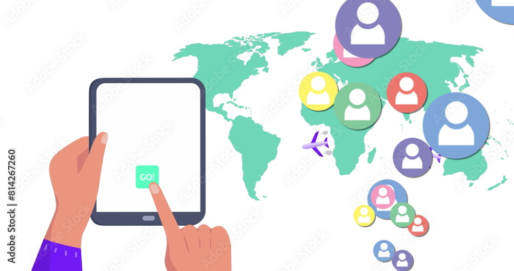 Poster image of world map and media icons over hands using tablet
