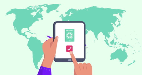 Image of world map over hands using tablet