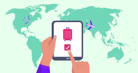 Image of world map over hands using tablet