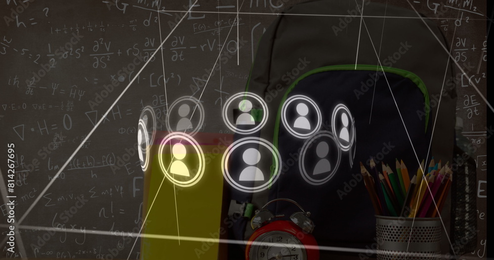 Poster image of lines and icons over school items and mathematical equations