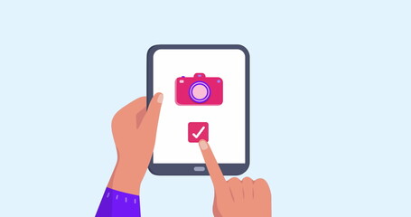 Image of hands using tablet with travel icons