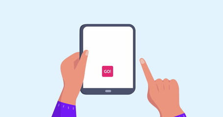 Image of hands using tablet with travel icons