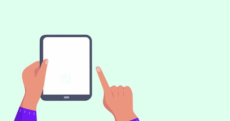 Image of travel icons over hands using tablet