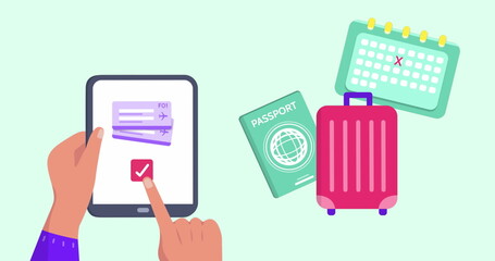 Image of travel icons over hands using tablet