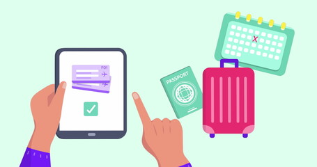 Image of travel icons over hands using tablet