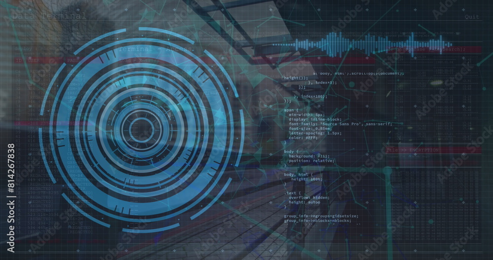 Poster a digital interface and global connection concept image showing a scope scanning and data processing