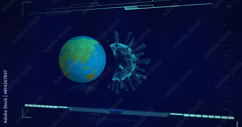 Aufkleber image of globe over data processing with virus cell on black background