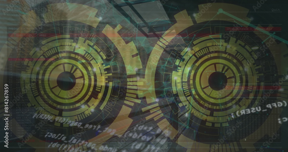 Poster image of scope scanning with data processing and network of connections over cityscape