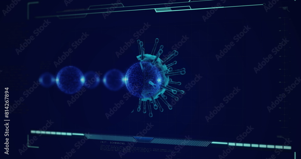 Poster image of baubles over data processing with virus cells on black background