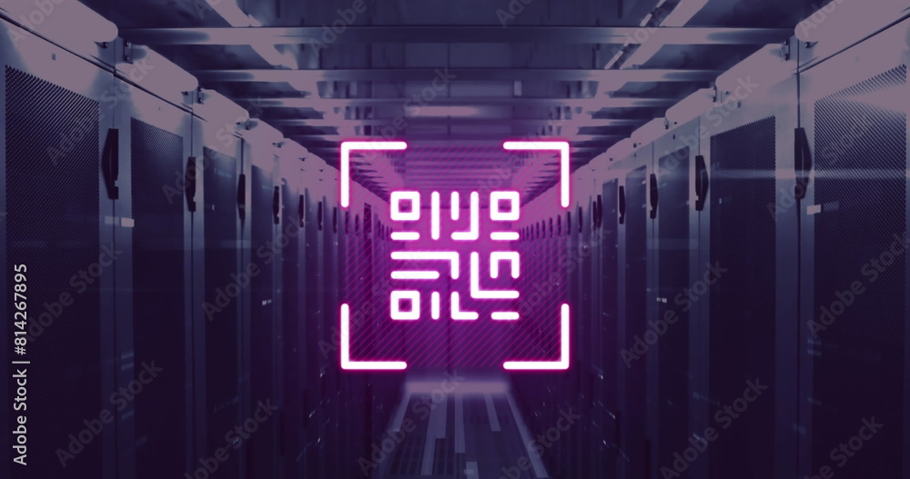 Poster image of qr code and bars over corridor of server room in background
