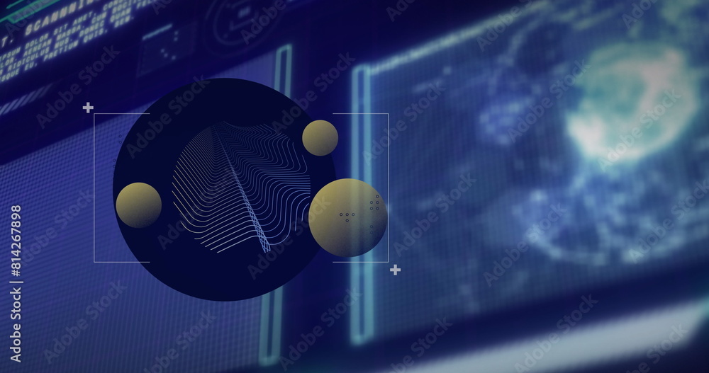 Poster image of shapes over data processing on black background