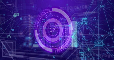 Image of scope scanning over data processing and network of connections on black background
