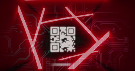 Image of blinking qr code in abstract pattern and circuit board pattern against black background