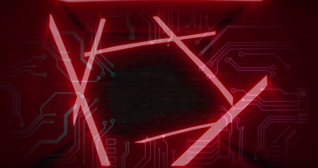 Image of blinking qr code in abstract pattern and circuit board pattern against black background