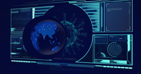 Image of globe over data processing with virus cell on black background