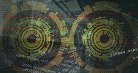 Image of scope scanning with data processing and network of connections over cityscape