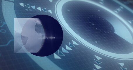 Image of globe over data processing with scope scanning on black background