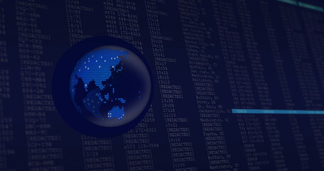 Image of globe over data processing on black background