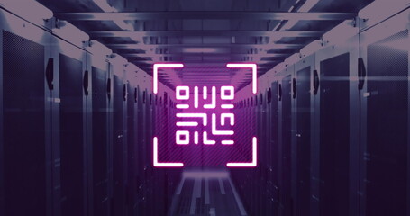 Image of qr code and bars over corridor of server room in background