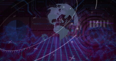 Image of scope scanning over data processing and globe on black background