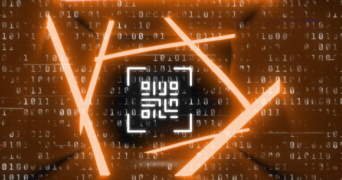 Image of glitch technique over qr code in abstract pattern against binary codes - Powered by Adobe