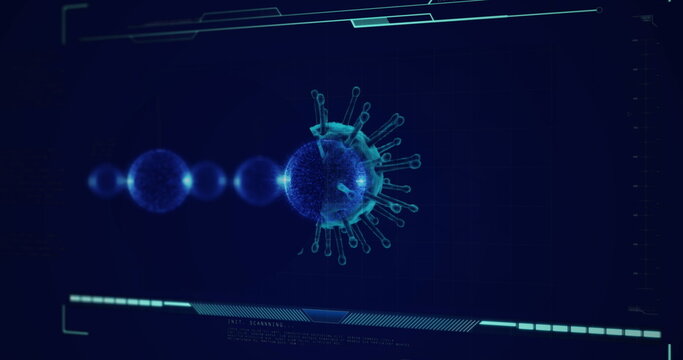 Image of baubles over data processing with virus cells on black background