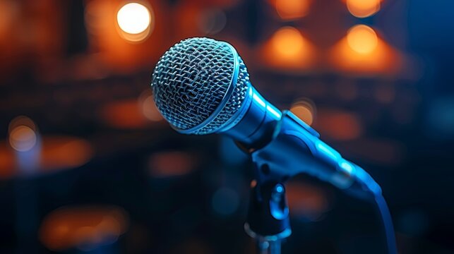 Close-up of a microphone on stage with a blurred orange bokeh light background, highlighting the ambiance of a live performance event