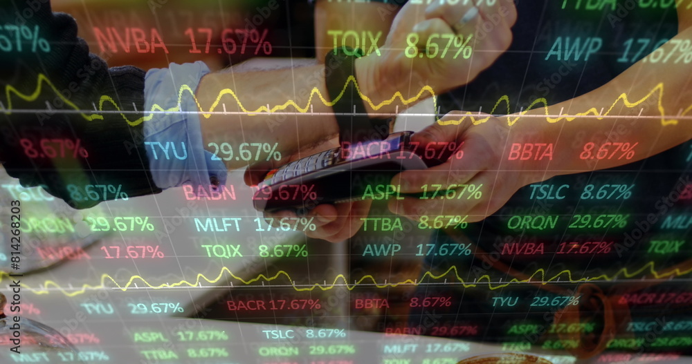 Poster image of stock market data processing over mid section of a man using smartwatch to make payment