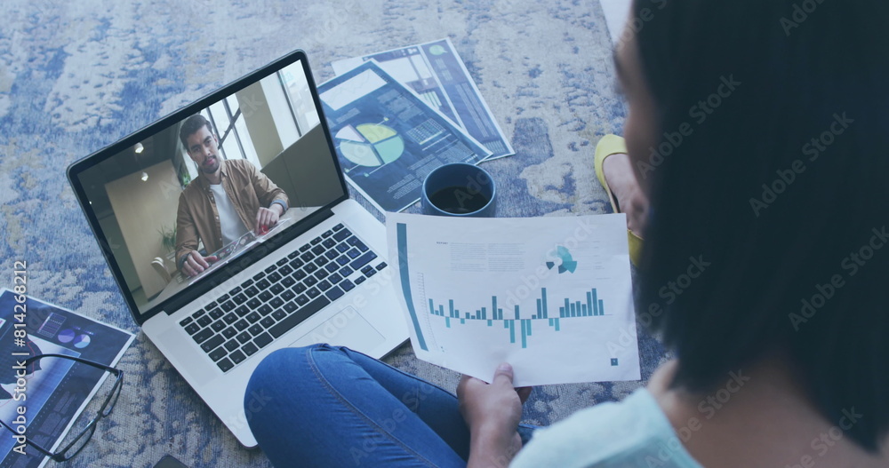 Aufkleber image of data processing over rear view of woman holding a document having a imagecall on laptop