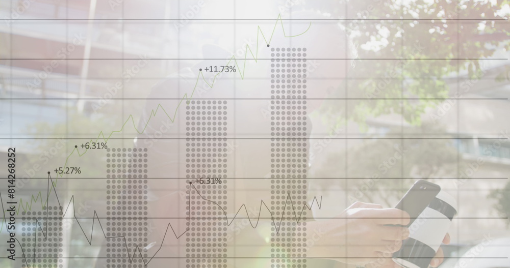 Poster image of financial data processing over caucasian man using smartphone