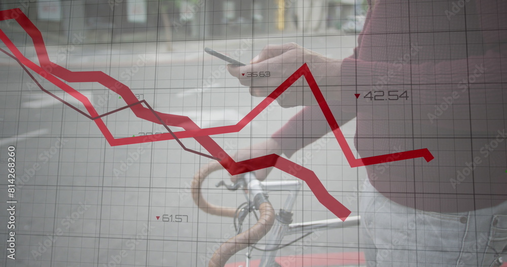 Poster image of financial data processing with red lines over african american man using smartphone