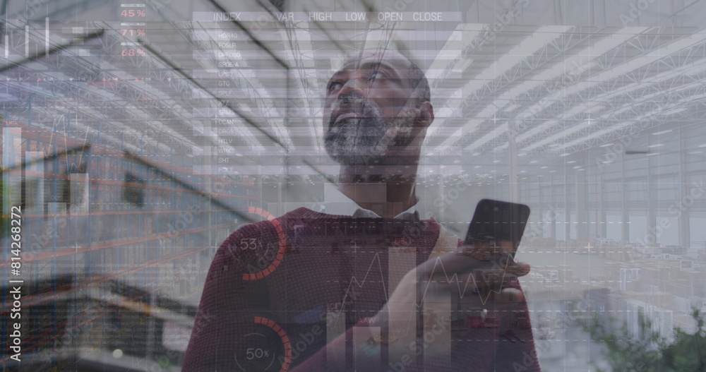 Poster Image of financial data processing over african american man using smartphone