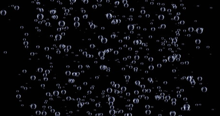 Image of confetti falling and air bubbles moving on black background