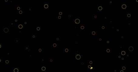 Image of confetti falling and circles pattern moving on black background