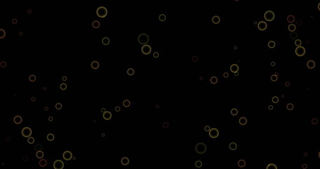 Image of confetti falling and circles pattern moving on black background