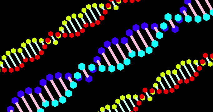 Image of confetti falling and three dna strands moving on black background - Powered by Adobe