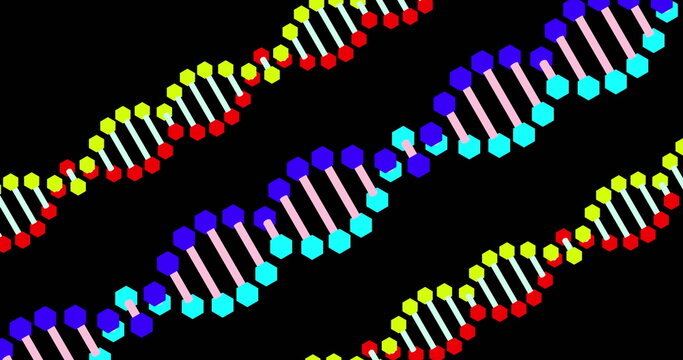 Image of confetti falling and three dna strands moving on black background