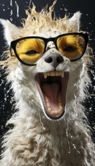 A wet llama, with its mouth wide open and sharp teeth, wearing stylish yellow sunglasses, joyfully laughing and splashing in the refreshing water on a sunny day. Vertical Composition.