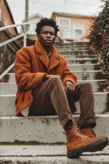 Young African man wearing an orange textured coat sits thoughtfully on urban staircase, embodying...