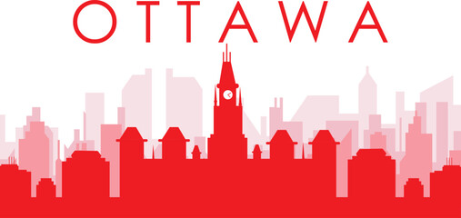 Red panoramic city skyline poster with reddish misty transparent background buildings of OTTAWA, CANADA