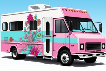 A pink retro van with hand-painted flowers on the side. Cartoon-style design with a flower pattern on the body and a blurred background, creating a whimsical and nostalgic feel.