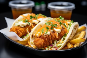 A delicious and crispy fried chicken taco with fresh vegetables and sauces in a black bowl on a dark background. Perfect for a quick and easy meal or snack.