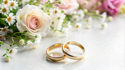 The image features two plain gold wedding rings sitting beside a bouquet of flowers. The rings are placed on a white surface and surrounded by various types of flowers, including daisies and roses.