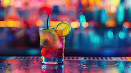 Vibrant cocktail with lime on bar counter against colorful lights 