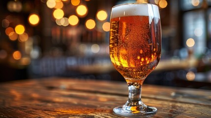 A close-up photography of a chilled beer glass on a wooden bar counter, with blurred lights and a warm atmosphere in the background